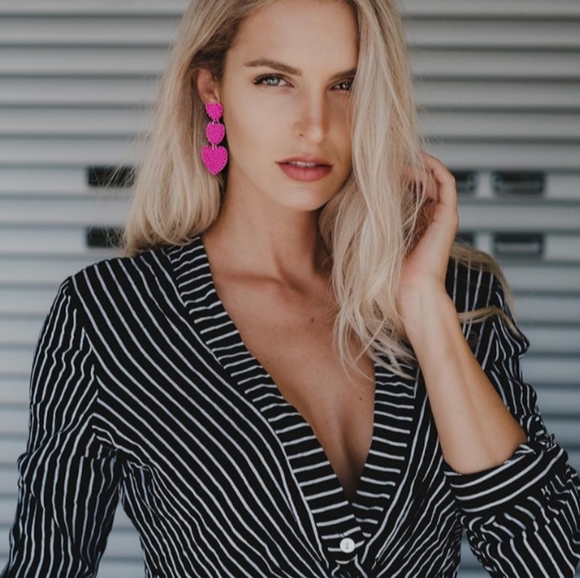 Long Handmade Triple Hot Pink Heart Beaded Valentine's Day Earrings Cute Hearts - Picture 3 of 5